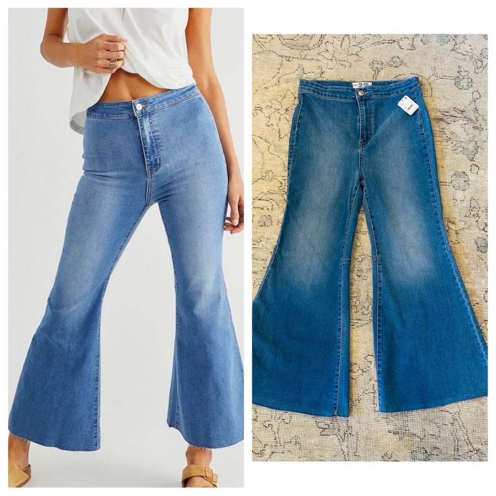 FREE PEOPLE Youthquake Cropped Flare Stretch Light Blue Denim Pants Sz 29 NWT